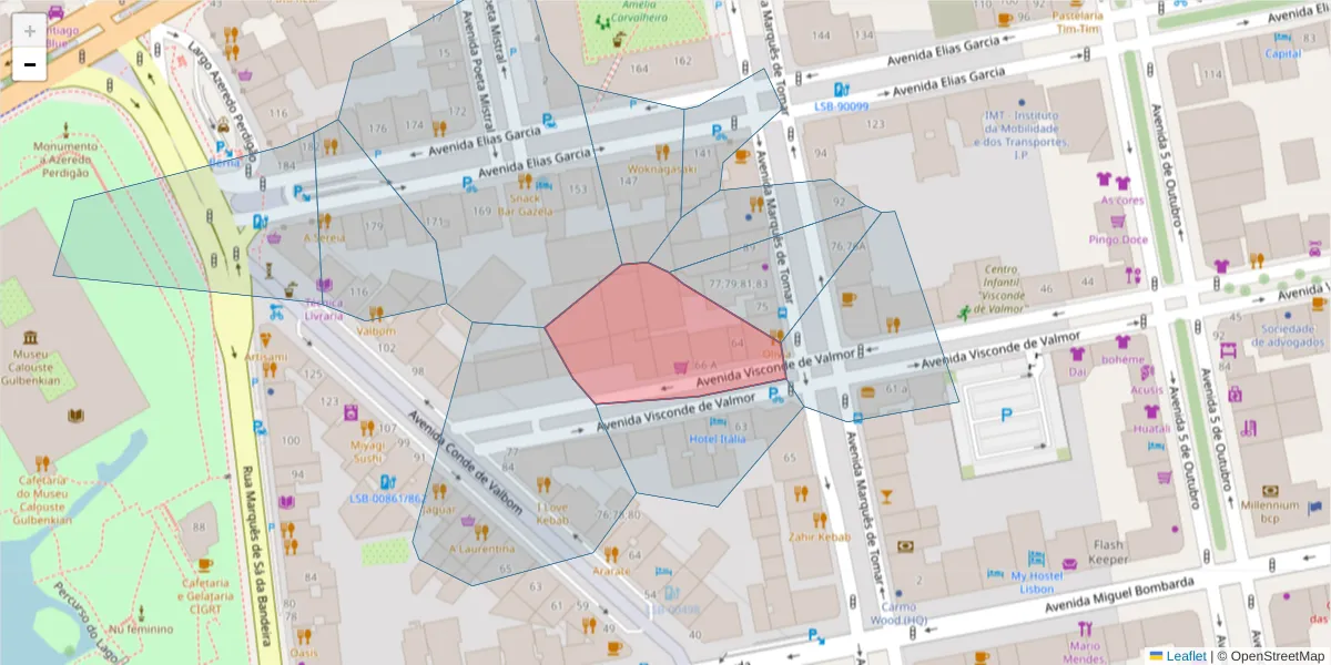 Mapa detalhado do código postal 1050-242 com limites, códigos postais vizinhos e agências dos correios