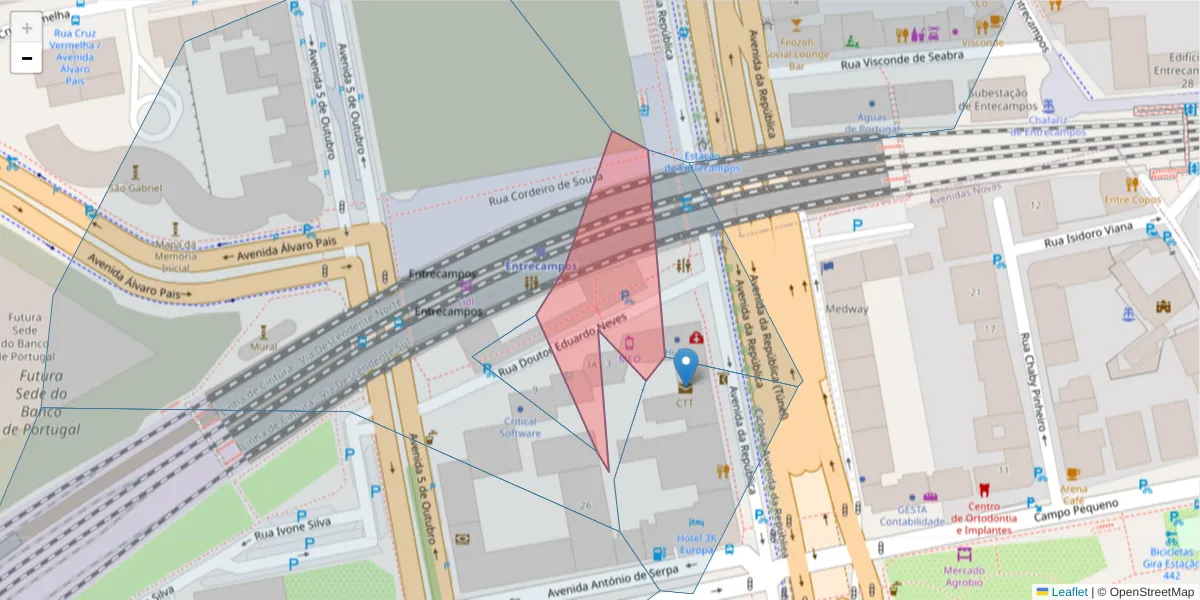 Mapa detalhado do código postal 1050-252 com limites, códigos postais vizinhos e agências dos correios
