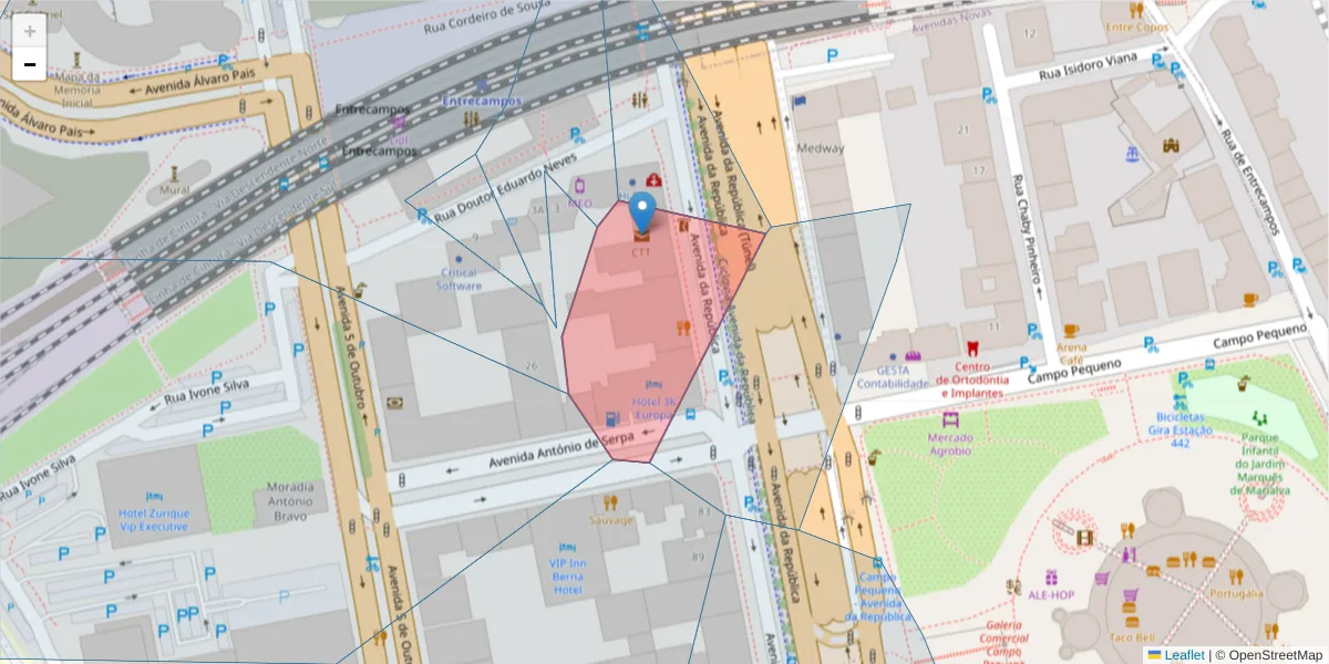 Mapa detalhado do código postal 1050-995 com limites, códigos postais vizinhos e agências dos correios
