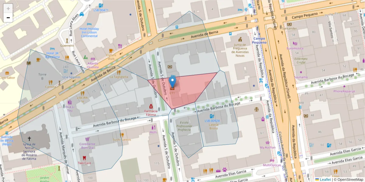 Mapa detalhado do código postal 1050-998 com limites, códigos postais vizinhos e agências dos correios