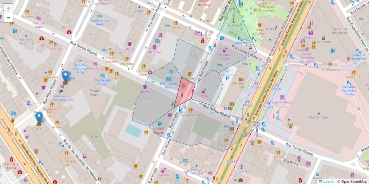 Mapa detalhado do código postal 1059-234 com limites, códigos postais vizinhos e agências dos correios
