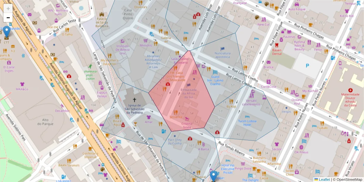 Mapa detalhado do código postal 1069-024 com limites, códigos postais vizinhos e agências dos correios
