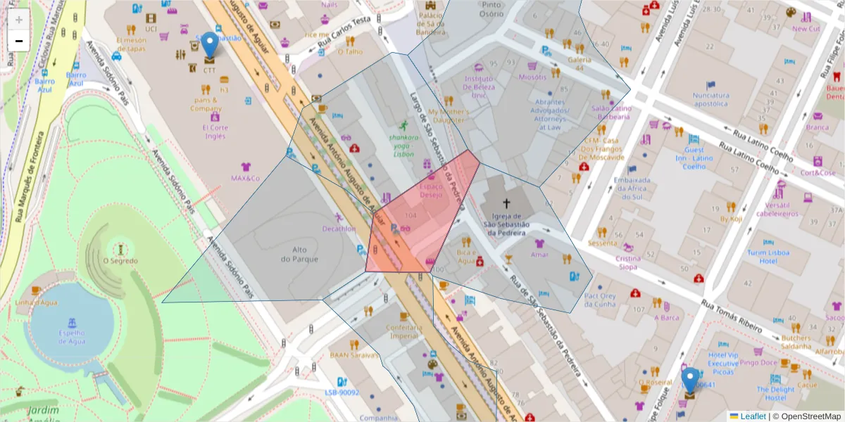 Mapa detalhado do código postal 1069-029 com limites, códigos postais vizinhos e agências dos correios