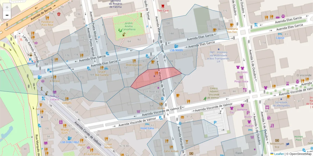 Mapa detalhado do código postal 1069-181 com limites, códigos postais vizinhos e agências dos correios