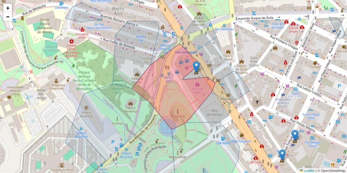 Mapa detalhado do código postal 1069-413 com limites, códigos postais vizinhos e agências dos correios