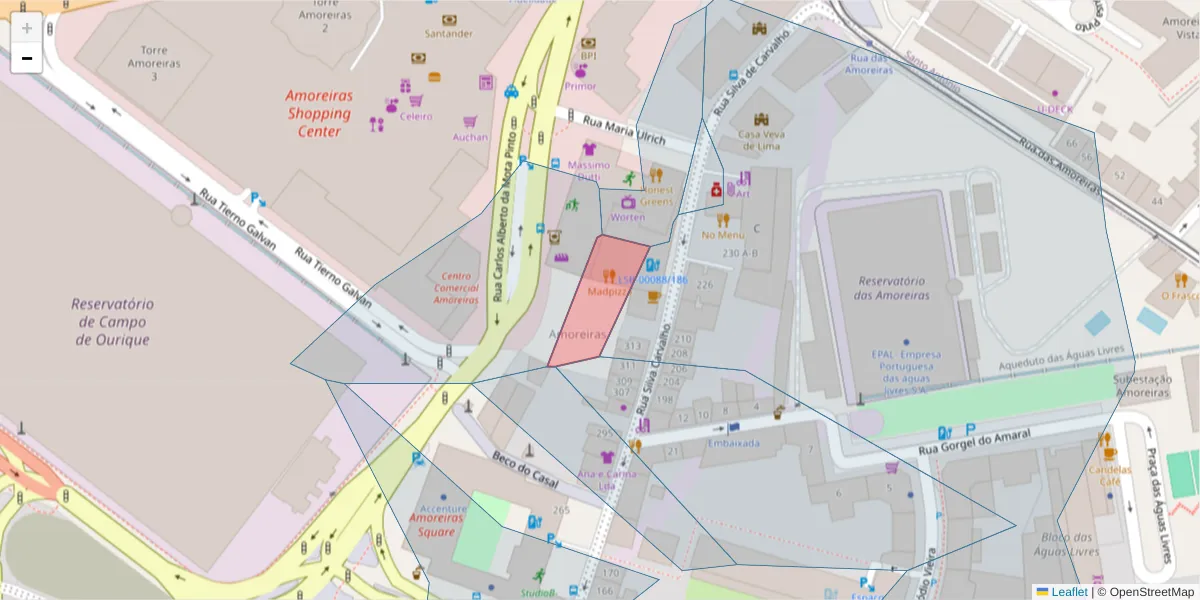 Mapa detalhado do código postal 1070-000 com limites, códigos postais vizinhos e agências dos correios