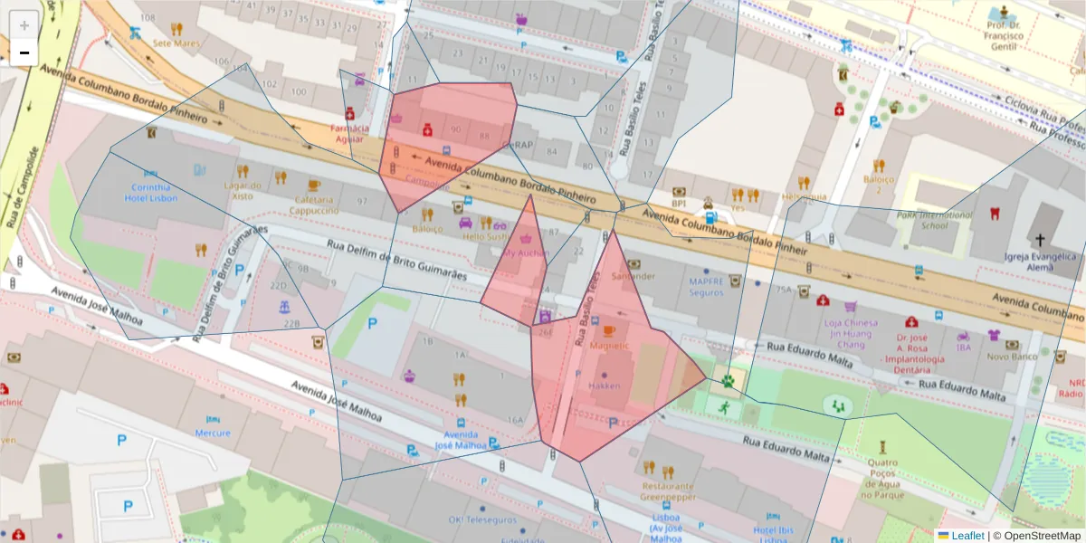 Mapa detalhado do código postal 1070-020 com limites, códigos postais vizinhos e agências dos correios