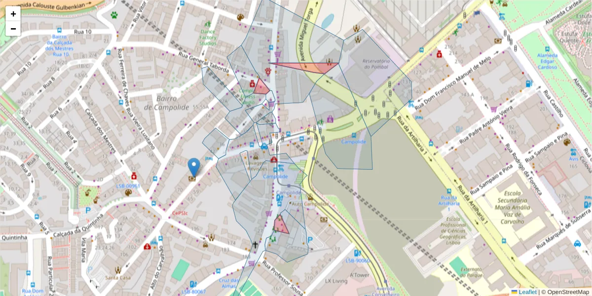 Mapa detalhado do código postal 1070-028 com limites, códigos postais vizinhos e agências dos correios