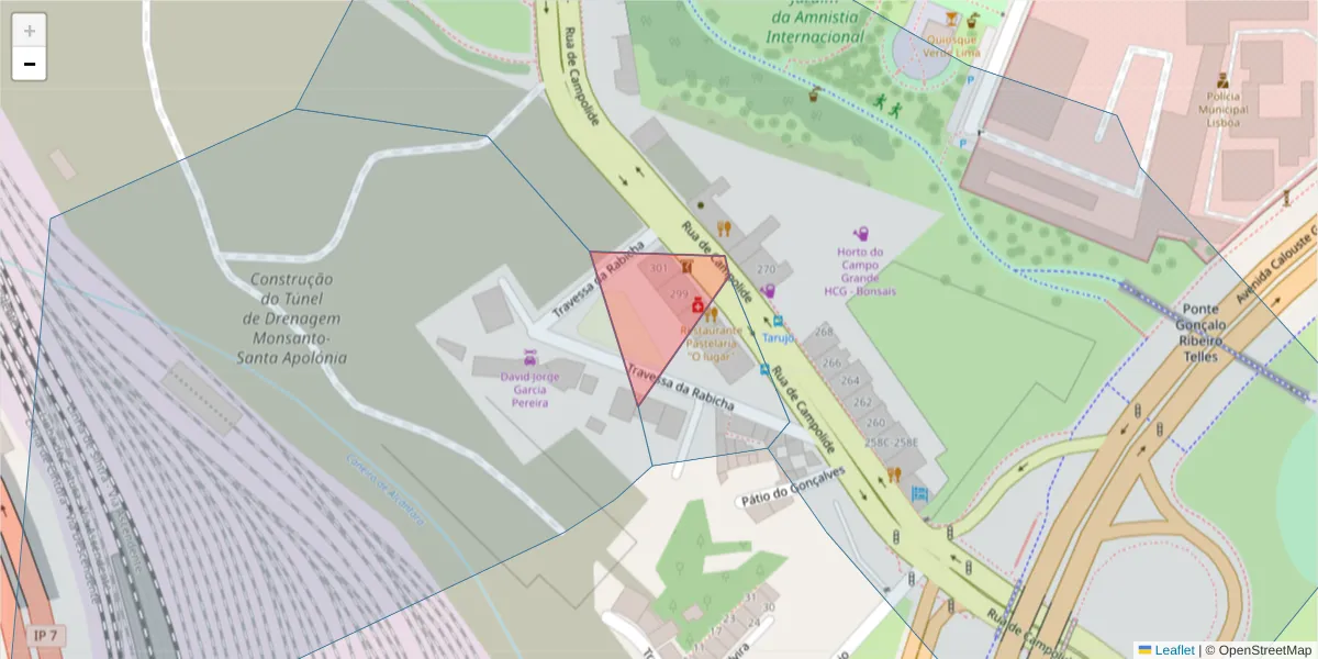 Mapa detalhado do código postal 1070-032 Campolide com limites, códigos postais vizinhos e agências dos correios