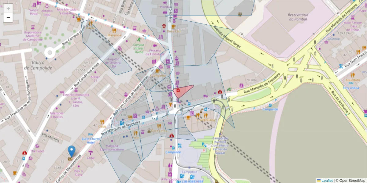 Mapa detalhado do código postal 1070-037 Campolide com limites, códigos postais vizinhos e agências dos correios