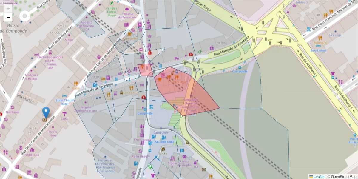 Mapa detalhado do código postal 1070-037 com limites, códigos postais vizinhos e agências dos correios