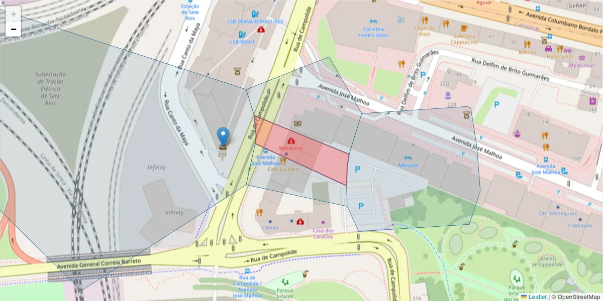 Mapa detalhado do código postal 1070-041 com limites, códigos postais vizinhos e agências dos correios