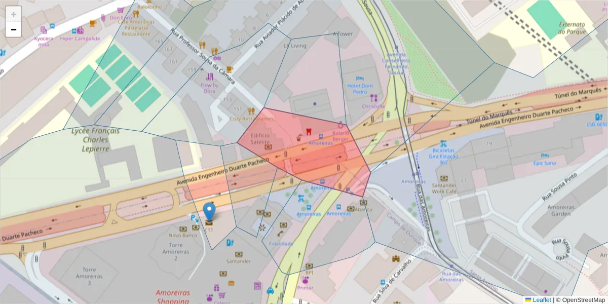 Mapa detalhado do código postal 1070-046 com limites, códigos postais vizinhos e agências dos correios
