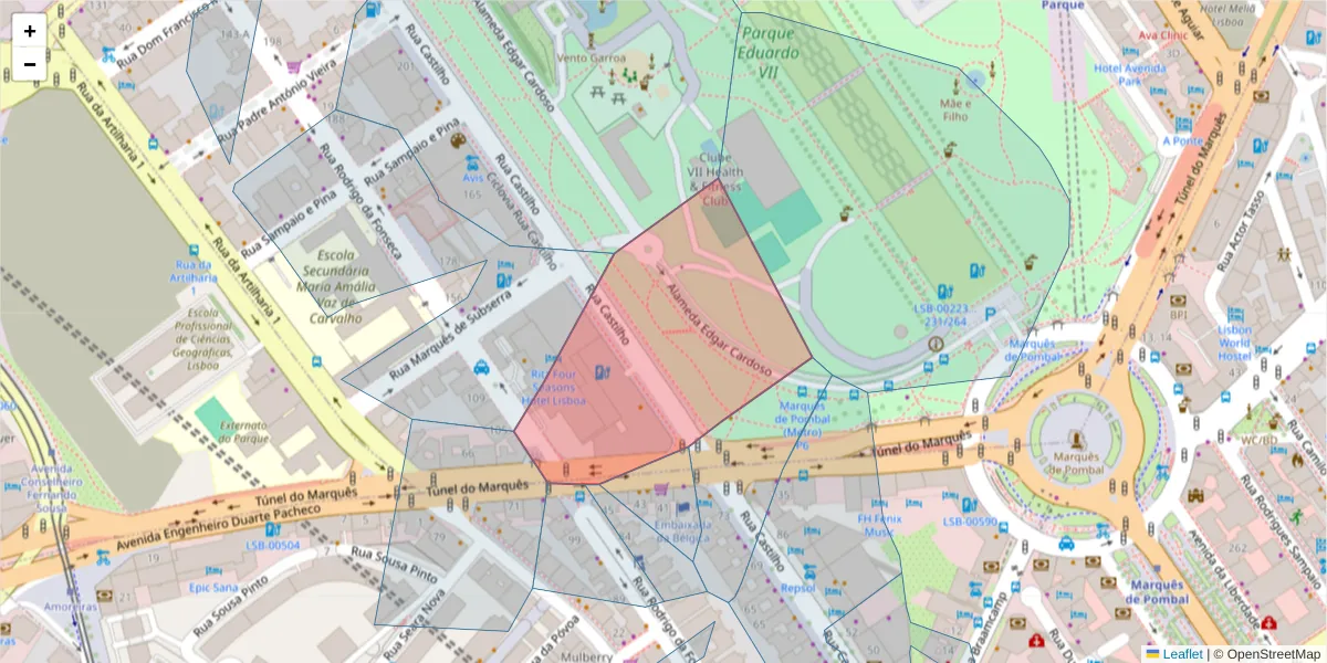 Mapa detalhado do código postal 1070-050 com limites, códigos postais vizinhos e agências dos correios