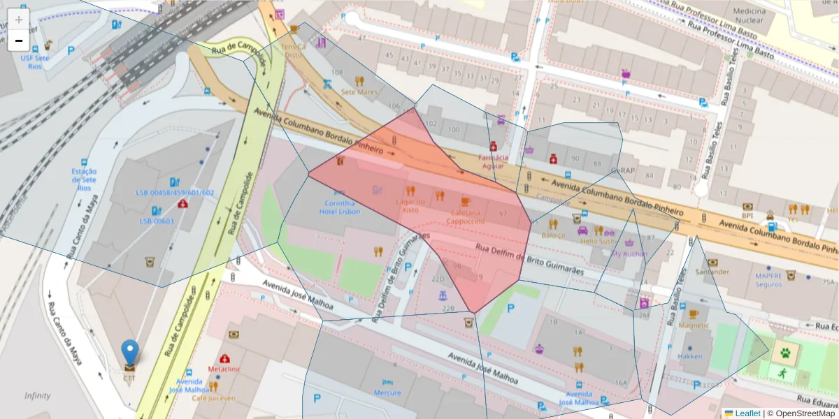 Mapa detalhado do código postal 1070-063 com limites, códigos postais vizinhos e agências dos correios