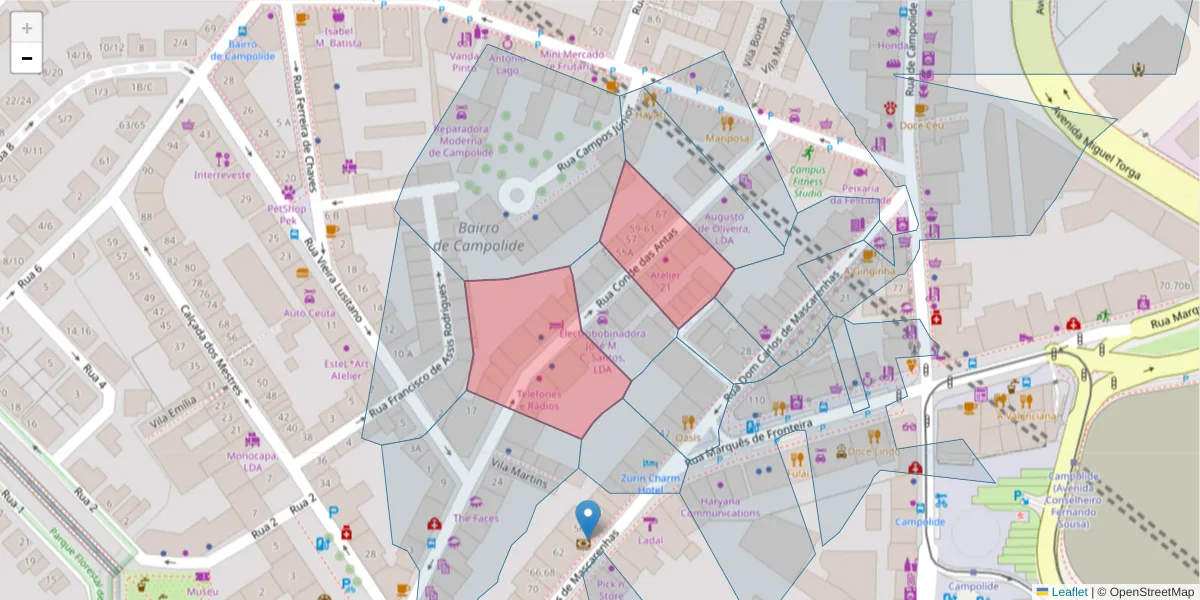Mapa detalhado do código postal 1070-069 com limites, códigos postais vizinhos e agências dos correios
