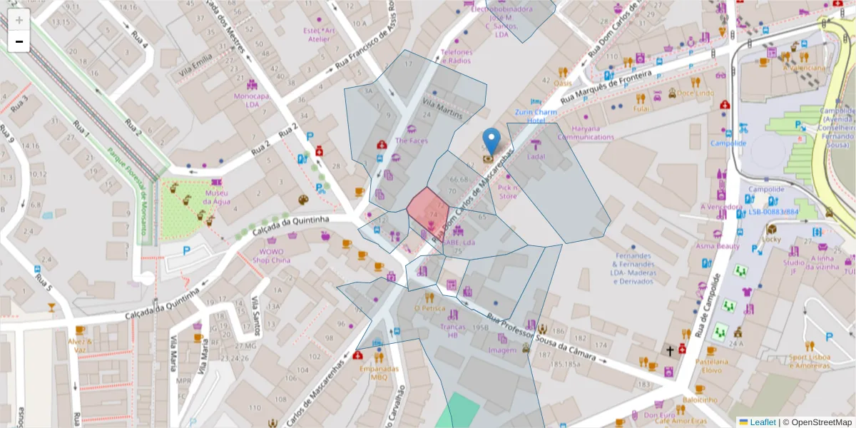 Mapa detalhado do código postal 1070-082 com limites, códigos postais vizinhos e agências dos correios