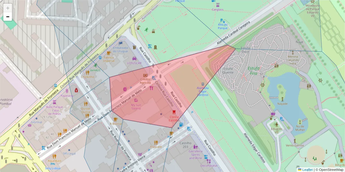 Mapa detalhado do código postal 1070-085 com limites, códigos postais vizinhos e agências dos correios