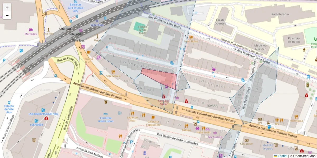 Mapa detalhado do código postal 1070-090 com limites, códigos postais vizinhos e agências dos correios