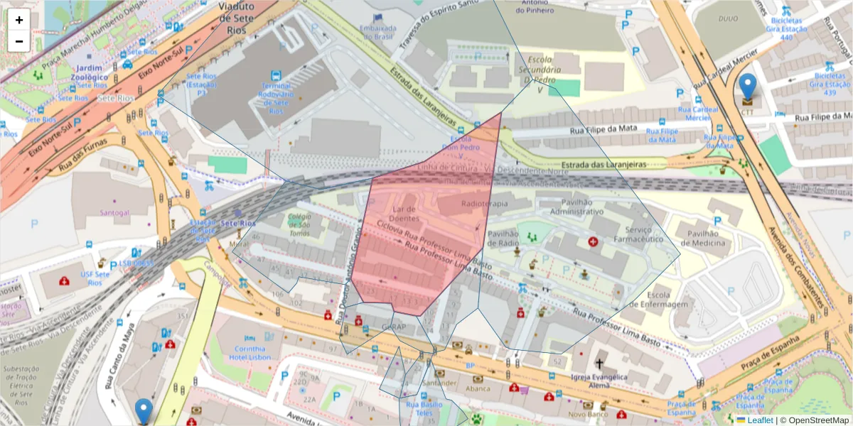 Mapa detalhado do código postal 1070-091 com limites, códigos postais vizinhos e agências dos correios