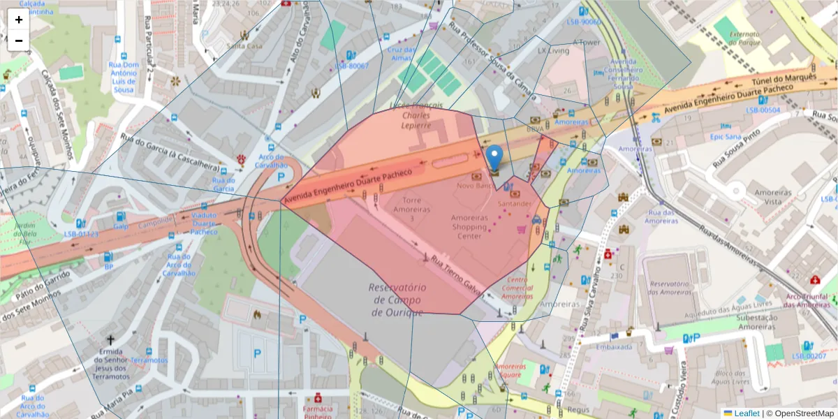 Mapa detalhado do código postal 1070-103 com limites, códigos postais vizinhos e agências dos correios