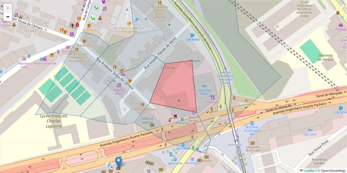 Mapa detalhado do código postal 1070-110 com limites, códigos postais vizinhos e agências dos correios