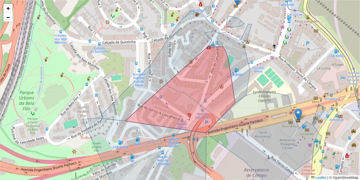 Mapa detalhado do código postal 1070-148 com limites, códigos postais vizinhos e agências dos correios