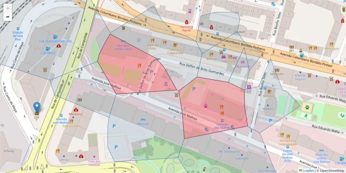 Mapa detalhado do código postal 1070-159 com limites, códigos postais vizinhos e agências dos correios