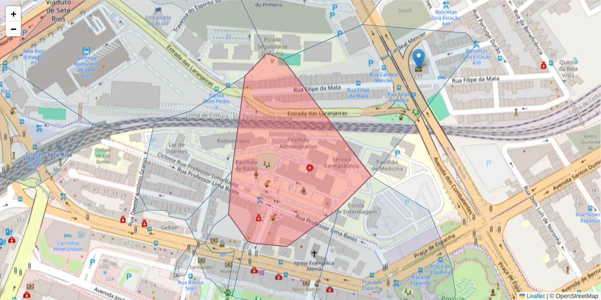 Mapa detalhado do código postal 1070-166 São Domingos de Benfica com limites, códigos postais vizinhos e agências dos correios