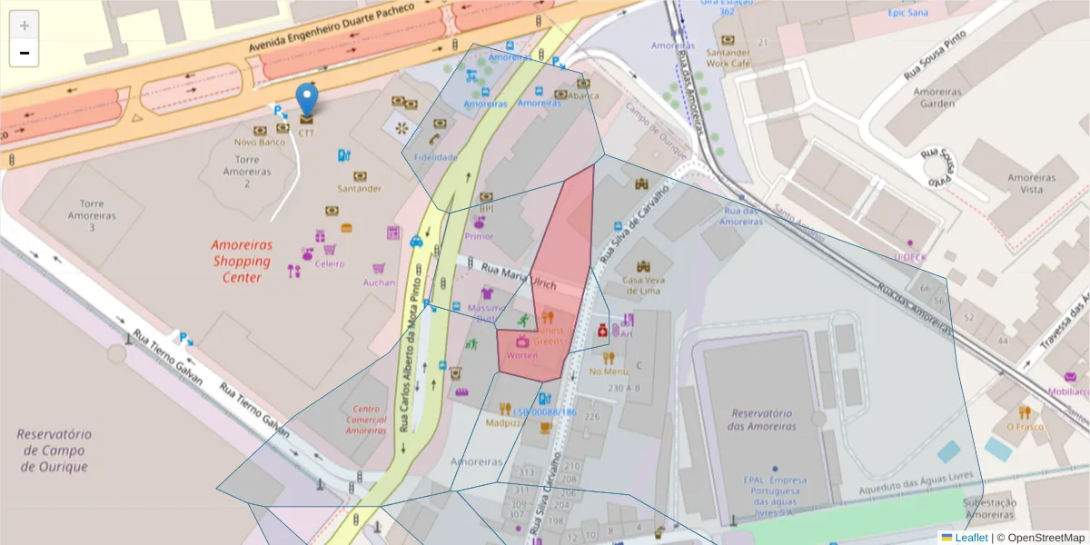 Mapa detalhado do código postal 1070-169 com limites, códigos postais vizinhos e agências dos correios