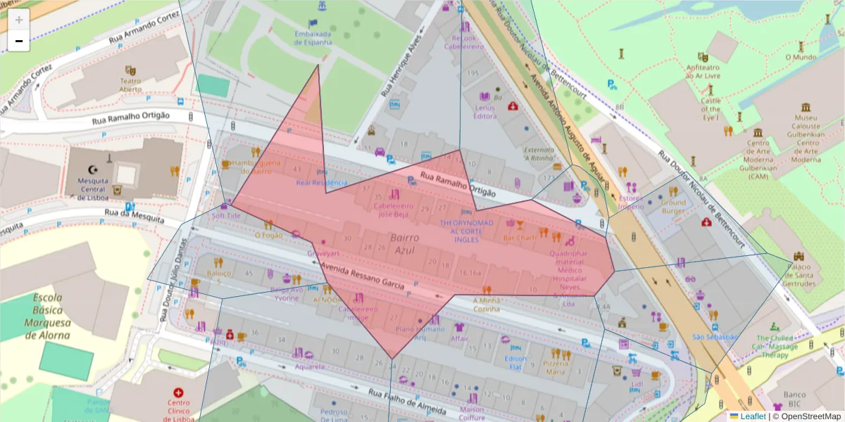 Mapa detalhado do código postal 1070-228 com limites, códigos postais vizinhos e agências dos correios