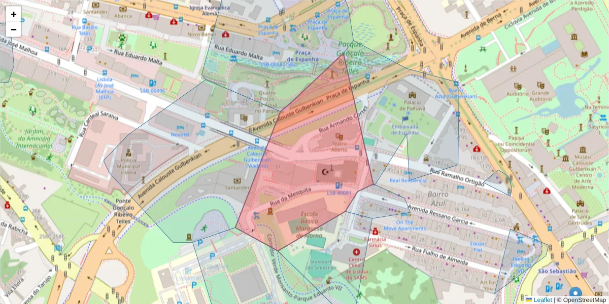 Mapa detalhado do código postal 1070-238 com limites, códigos postais vizinhos e agências dos correios