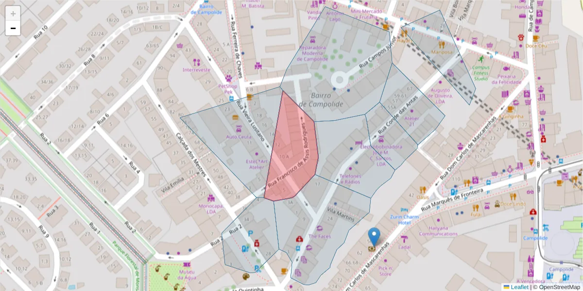 Mapa detalhado do código postal 1070-280 com limites, códigos postais vizinhos e agências dos correios