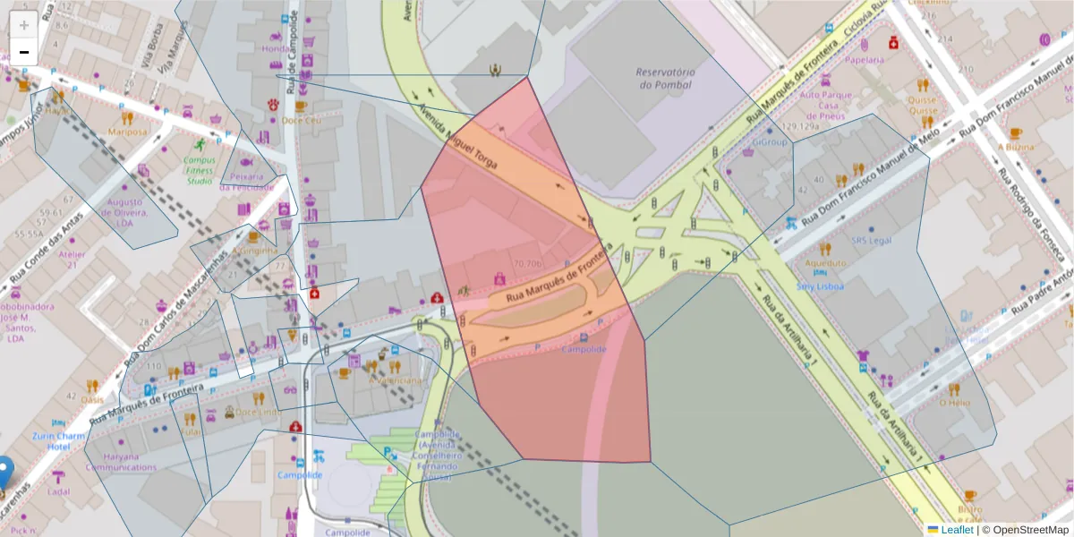 Mapa detalhado do código postal 1070-299 com limites, códigos postais vizinhos e agências dos correios