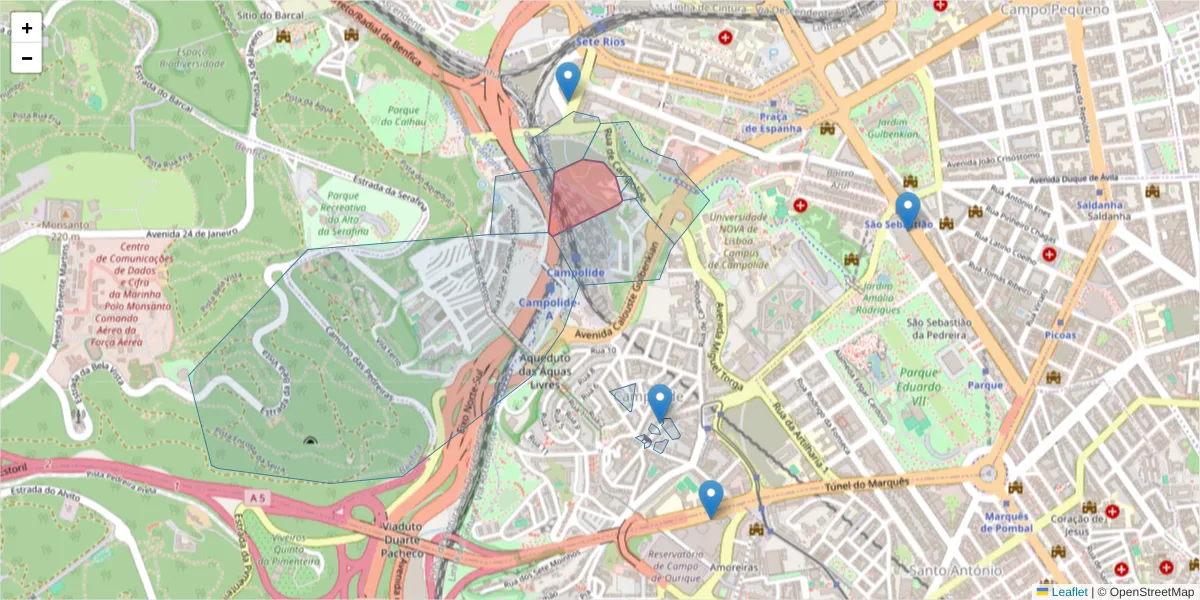 Mapa detalhado do código postal 1070 com limites, códigos postais vizinhos e agências dos correios