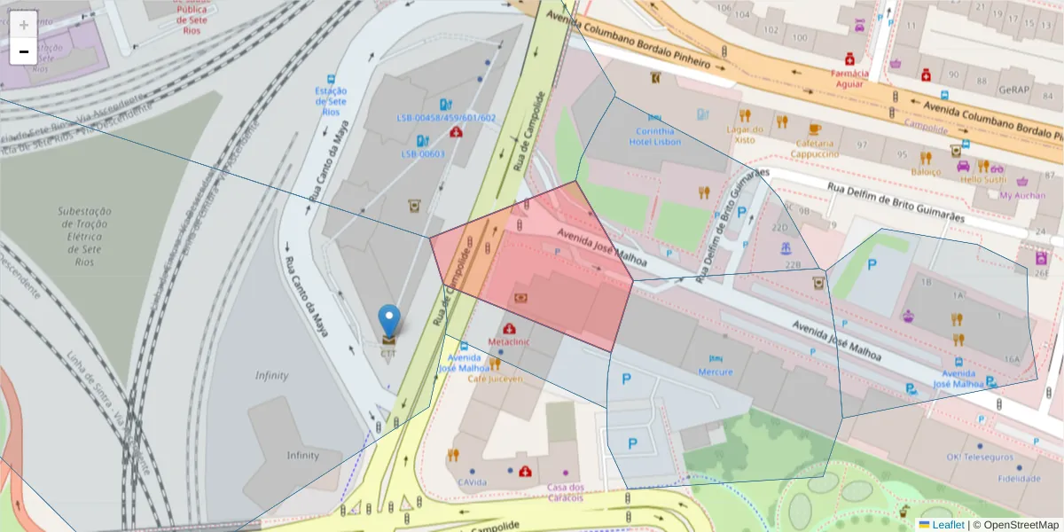 Mapa detalhado do código postal 1099-010 com limites, códigos postais vizinhos e agências dos correios
