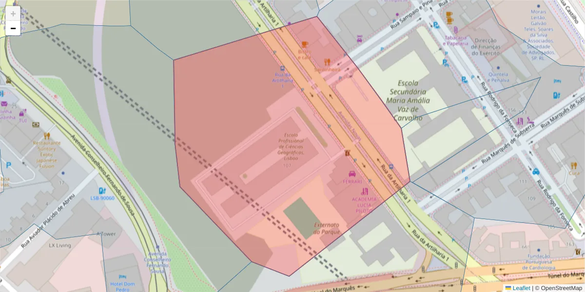 Mapa detalhado do código postal 1099-052 com limites, códigos postais vizinhos e agências dos correios