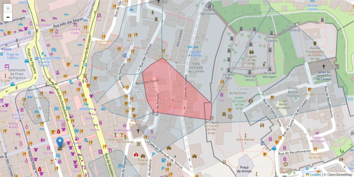 Mapa detalhado do código postal 1100-004 com limites, códigos postais vizinhos e agências dos correios