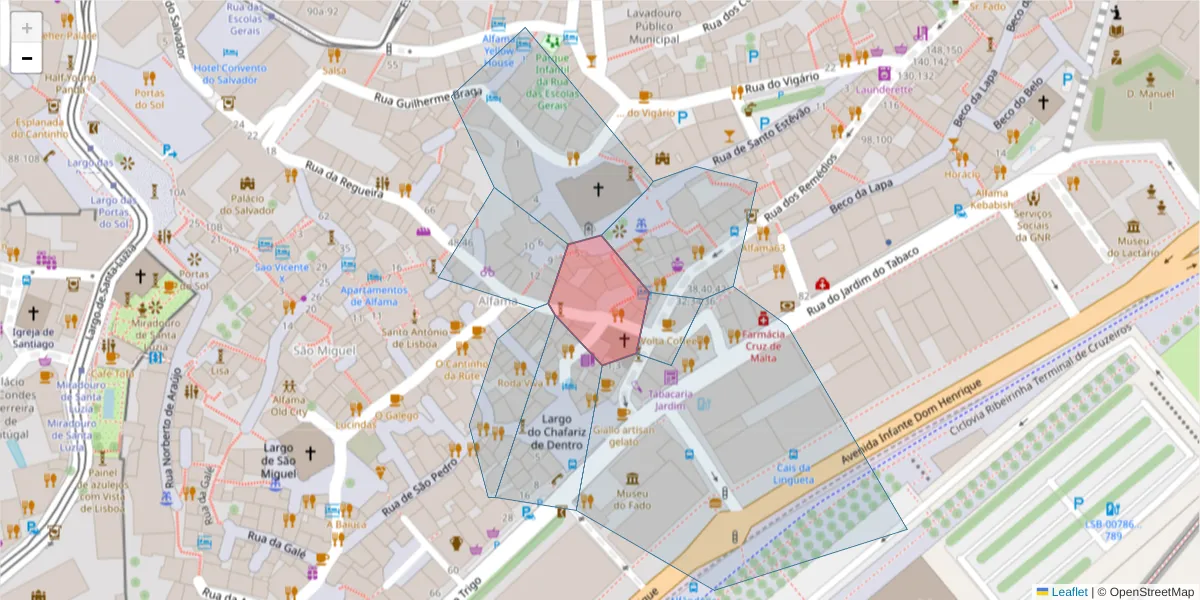 Mapa detalhado do código postal 1100-015 com limites, códigos postais vizinhos e agências dos correios