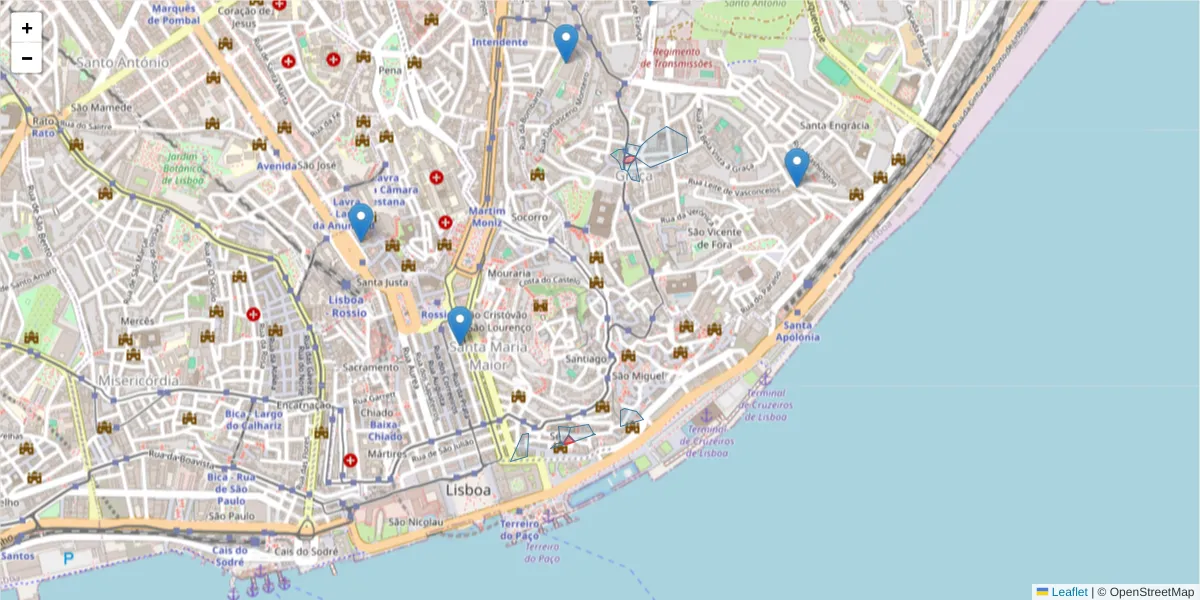 Mapa detalhado do código postal 1100-019 com limites, códigos postais vizinhos e agências dos correios