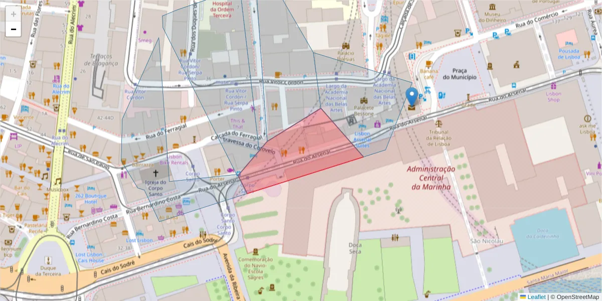 Mapa detalhado do código postal 1100-040 com limites, códigos postais vizinhos e agências dos correios