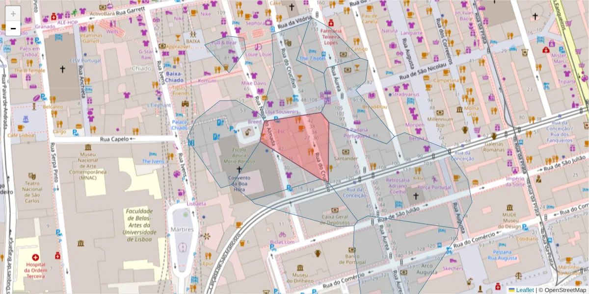 Mapa detalhado do código postal 1100-048 com limites, códigos postais vizinhos e agências dos correios