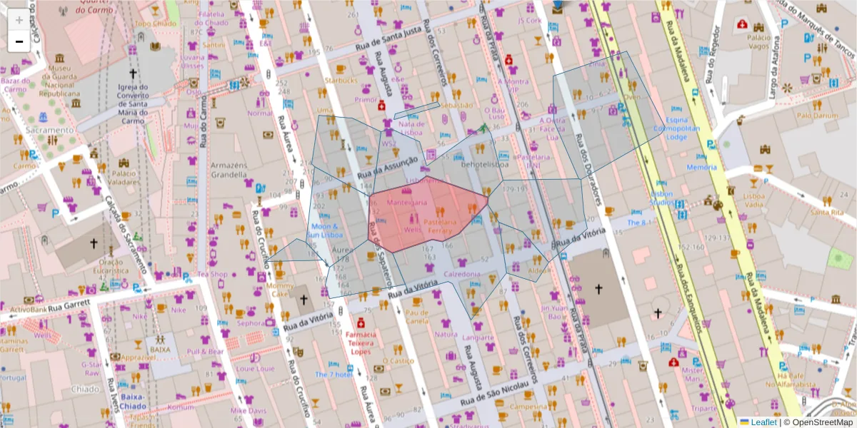 Mapa detalhado do código postal 1100-050 com limites, códigos postais vizinhos e agências dos correios