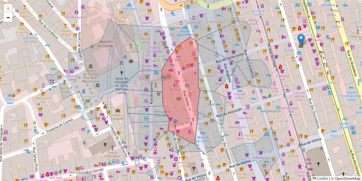 Mapa detalhado do código postal 1100-062 com limites, códigos postais vizinhos e agências dos correios