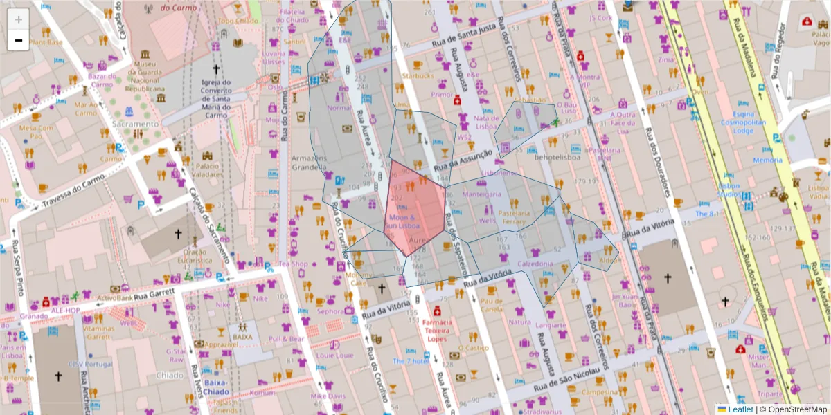 Mapa detalhado do código postal 1100-064 com limites, códigos postais vizinhos e agências dos correios