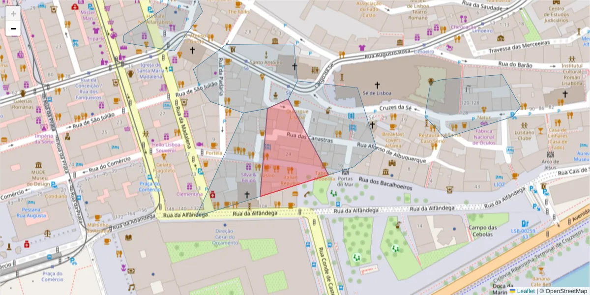 Mapa detalhado do código postal 1100-068 com limites, códigos postais vizinhos e agências dos correios