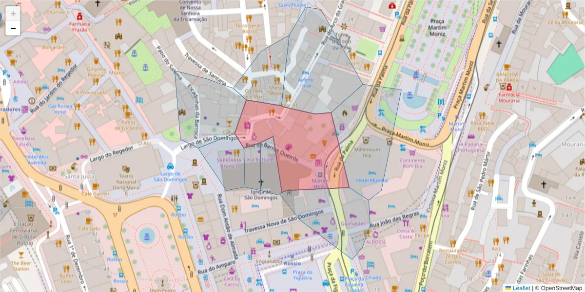 Mapa detalhado do código postal 1100-077 com limites, códigos postais vizinhos e agências dos correios
