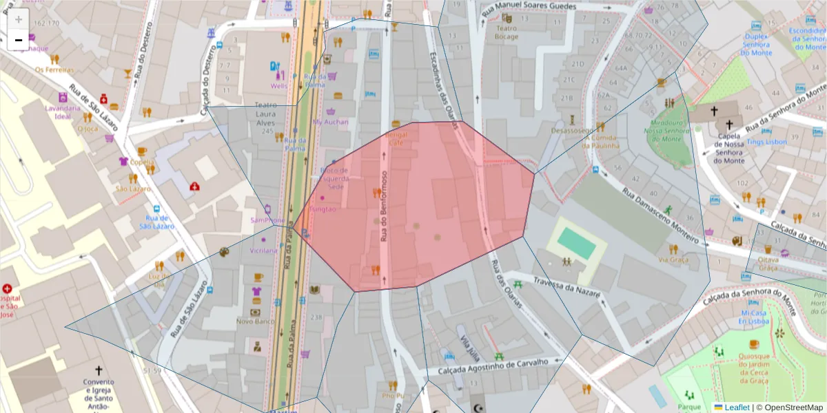 Mapa detalhado do código postal 1100-084 com limites, códigos postais vizinhos e agências dos correios