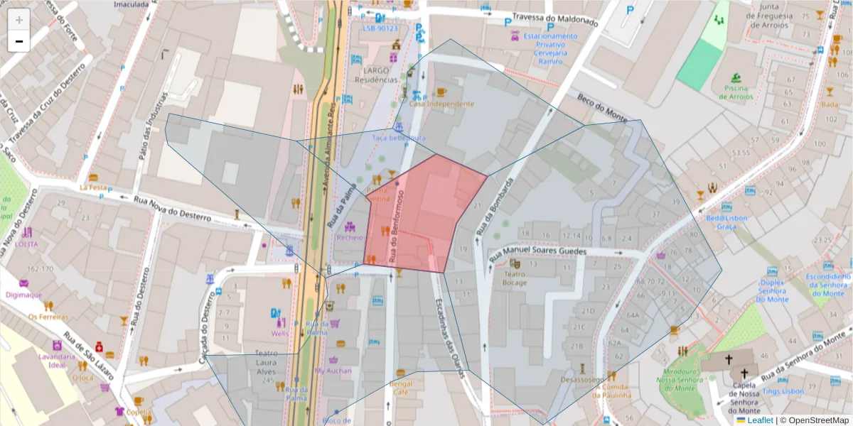 Mapa detalhado do código postal 1100-085 com limites, códigos postais vizinhos e agências dos correios