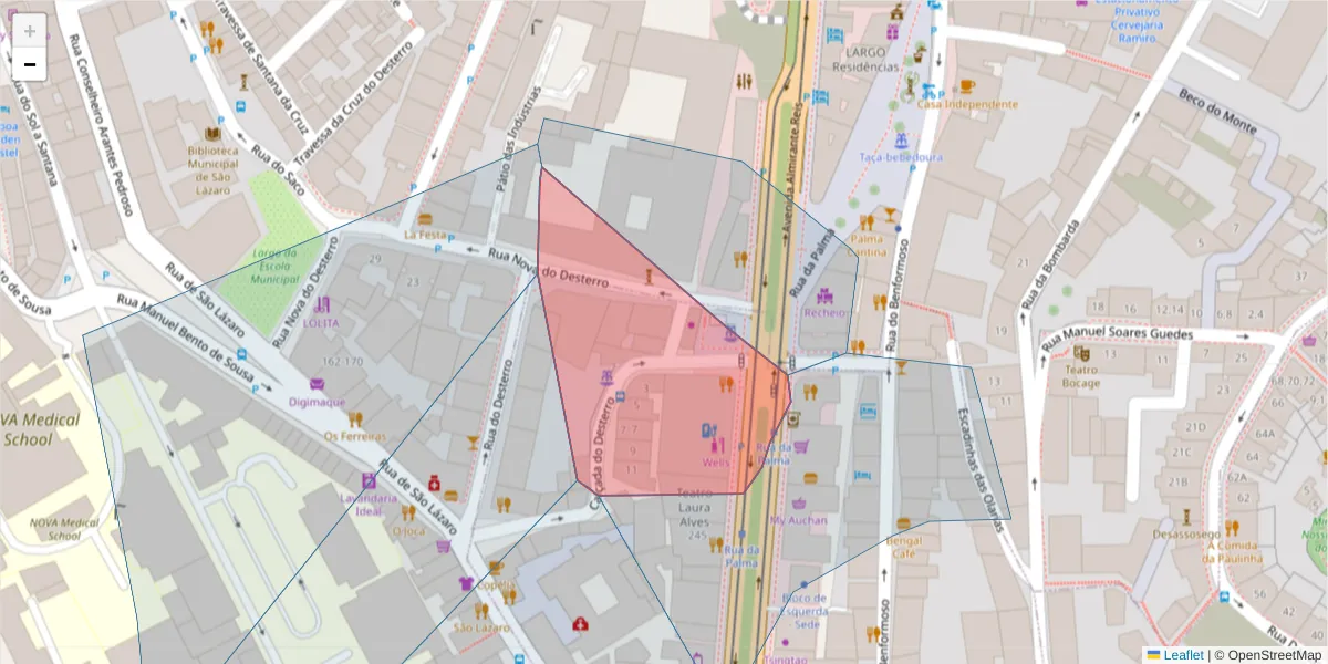 Mapa detalhado do código postal 1100-089 com limites, códigos postais vizinhos e agências dos correios